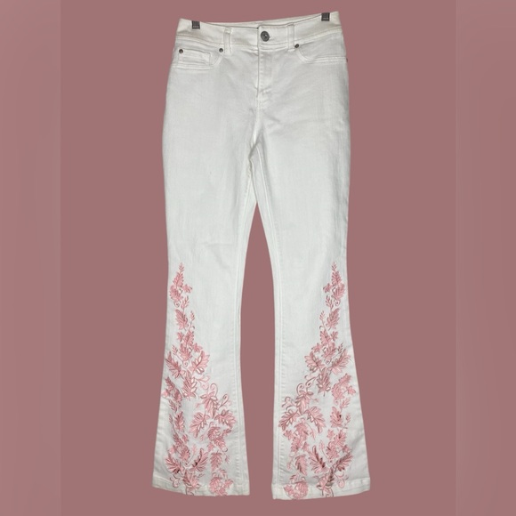 INC White Flare Jeans Cutout Pink Floral Embroidery Y2K Boho - Size 0 - Picture 1 of 6